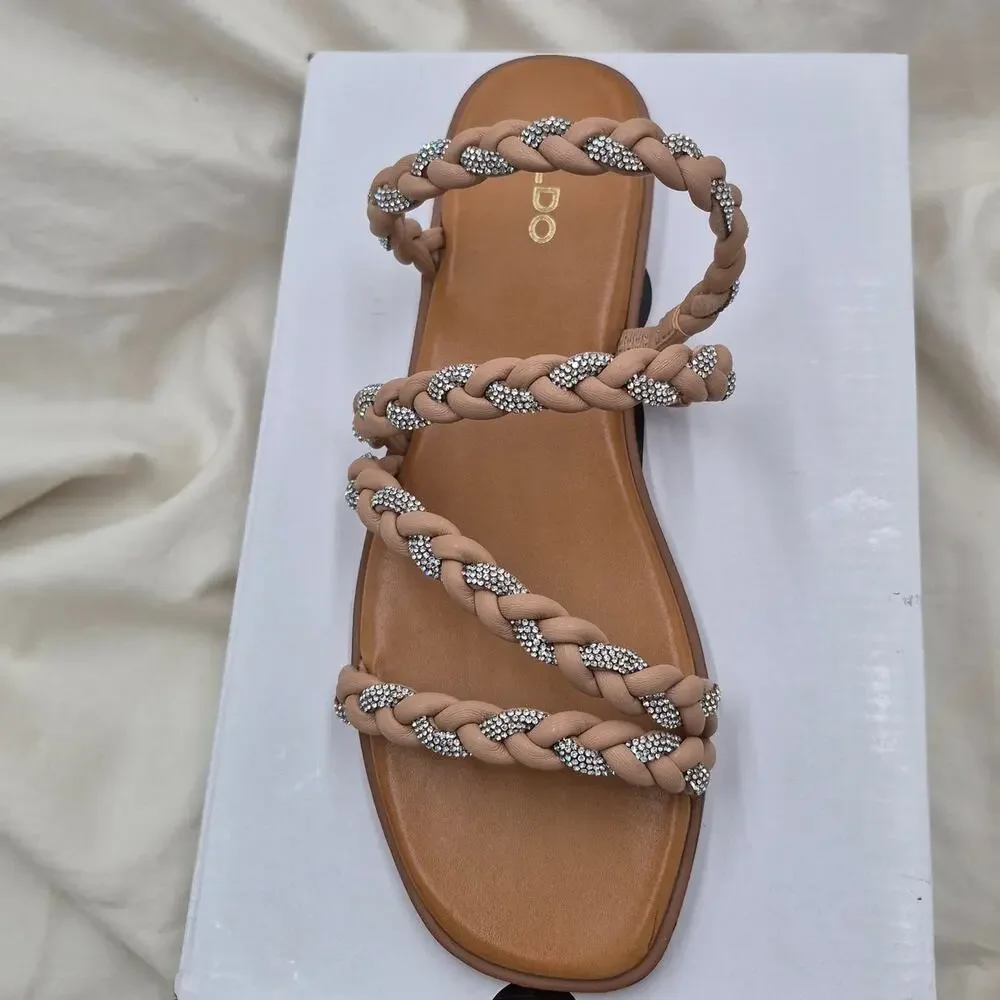 NEW ALDO Women Tritoney flat slip-on slide sandal braided straps crystal size 8